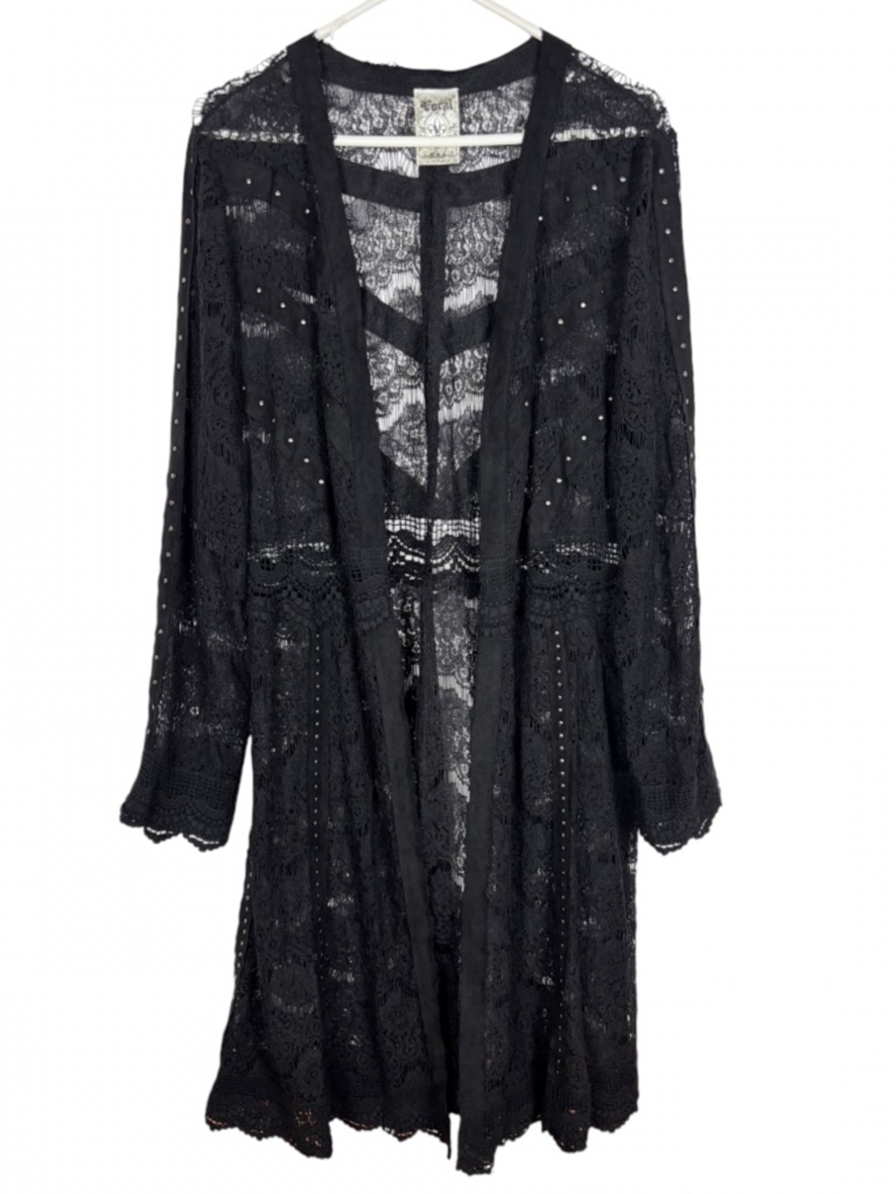 Vocal Cardigan Duster Size XL Crochet Lace Studded Suede Whimsigoth Witchy Black - Picture 6 of 6